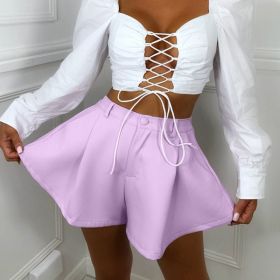 Ruffle A-line Women's Shorts Casual Pink Loose Flare Short Pants Female 2022 Summer High Waist Ladies Pocket Fashion Shorts (Color: Purple, size: XXL)