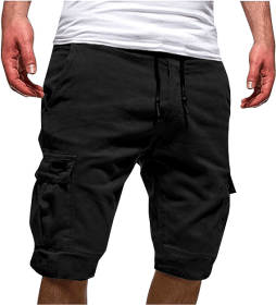 Men Casual Chino Cargo Shorts Elastic Waist Drawstring 6 Pockets Summer Trousers (Color: Black, Waist Size (inch): 38" - 40")